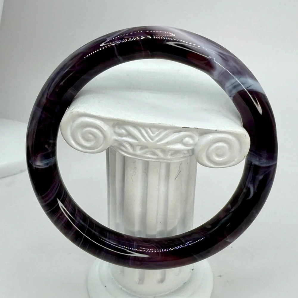 Vintage Chinese Glass Bangle – Black, Purple & White Swirl – Size 7.5